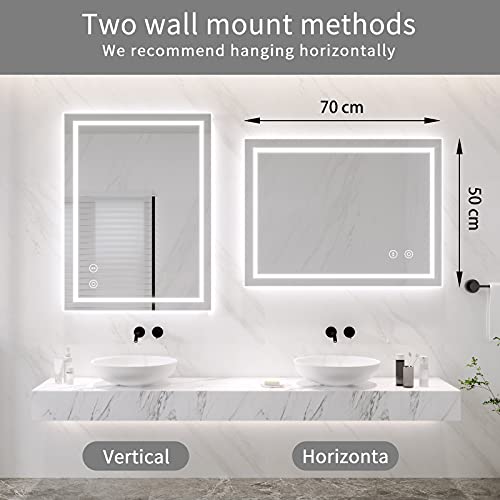 Dripex Bathroom Mirror with LED Lights, 500 * 700 MM Illuminated Backlit Wall Mounted Vanity Mirror Dimmable Switch 3 Colors and Demister Pad, Ho