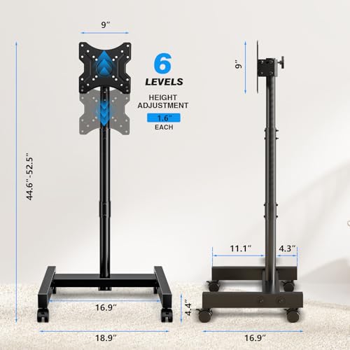YOMT Mobile TV Cart Rolling TV Stand for 13-50 inch Screens, Tilting and Rotating Mount, Portrait to Landscape, Height Adjustable Portable TV Sta