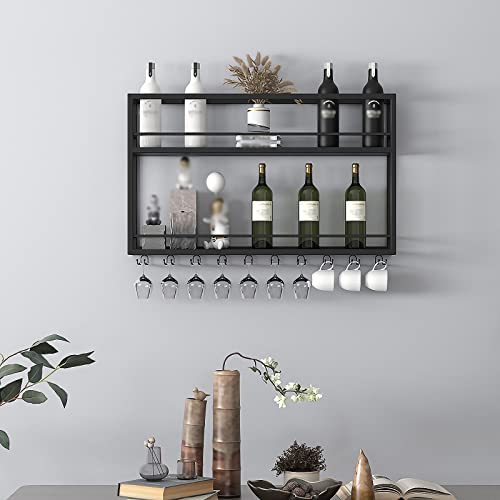 EYLINK Industrial Wall Mounted Wine Racks, Metal Hanging Wine Bottle Holder with Glass Holder, 2-Layer Wood Shelves for Living Room Kitchen Decor