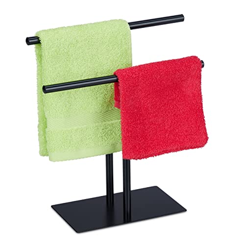 Relaxdays Towel Rack, Wash Cloth Stand, 31 x 28.5 x 12 cm, 2 Rails, Jewellery Stand, Bathroom & Kitchen, Black