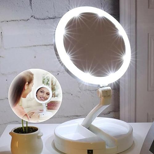 Cosmetic Mirror with LED Light and Organizer Makeup Mirror with Double Sided and 10X Magnification Mirror for Lighted Makeup, Shaving and Persona