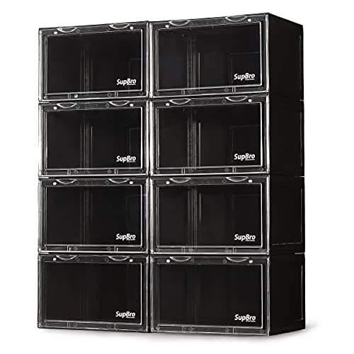 SupBro Collection Crate - Easy Access Storage Shoes Box -Plastic Foldable Stackable Sneaker Display Storage with Reflective Logo Clear Side Open