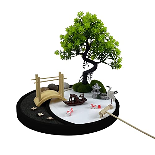 Desktop Zen Garden Kit White & Black Sand 9.5 Inch Large Black Moon Tray, Japanese Mini Zen Garden Gift Set, Bonsai Tree, Bridge, Fisherman's boa