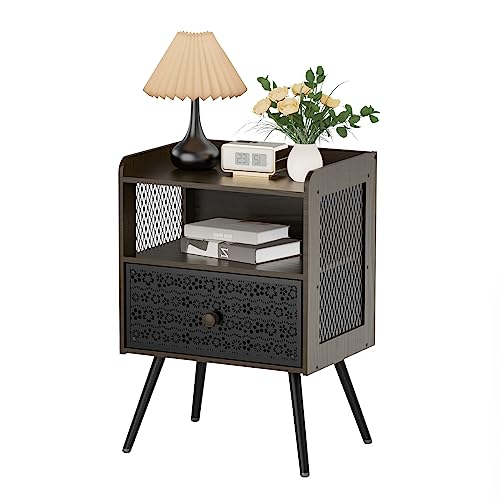 Iirios Nightstands Set of 2, End Table with Open Shelf, 2-Tier Night Stand with Adjustable Metal Floral Drawer, Night Stand for Bedroom Sofa Side
