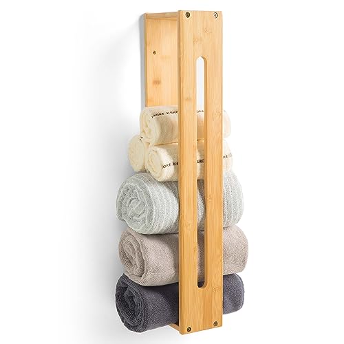 HYNAWIN Bathroom Wall Towel Rack Bamboo Bath Towel Holder for Towel Storage Wall Design Storage Organizer for Large Towels, Small Towels, Hand To