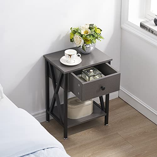 VECELO Vintage Nightstand, End Side Table with Drawer and Shelf, Home Decoration for Living Room Bedroom, X-Shape Legs and Water-Proof Surface, H