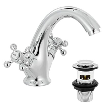 Victoria Bathroom Sink Tap for Basin with Pop Up Sink Plug Dual Cross Lever Chrome Brass Swan Neck Bathroom Tap Mixer Traditional Basin Mixer Tap