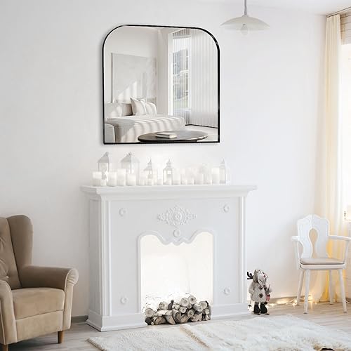 Minuover Modern Large Wall Mirror, Modern Minimalist Home Decor Arch Mantle Mirror, Brushed Black Metal Framed Arched Mirror for Bathroom, Living