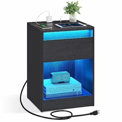 VASAGLE Nightstand with Charging Station, Side End Adjustable LED Lights, Bedside Table with Drawer 2 AC Outlets, 2 USB Ports, Modern, for Bedroo