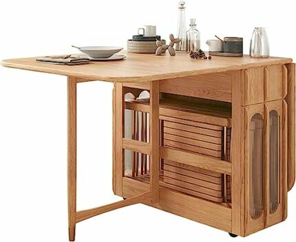 Extendable Folding Dining Table, Wooden Drop Leaf Kitchen Table, Round Edge Design, Saving Space, Multifunctional Compact Dining Room Table for R