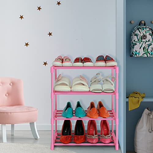LNYZQUS Small Kids Shoe Rack, 4 Tier Pink Shoe Organizer Shoe Shelf For Closet,Stackable Narrow Shoe Stand Slim Zapateras Organizer,Cute Toddler