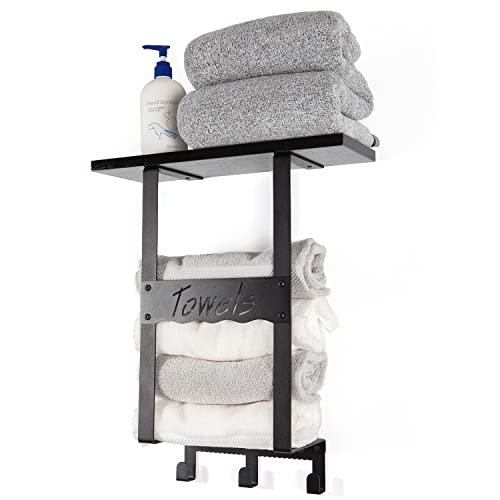 Lzziib Wall Mounted Towel Rack for Bathroom with Shelf, Towel Hanger Holder with 3 Hooks and Wooden Shelf, Metal Frame Decorative Towel Storage f