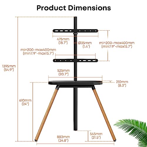 PUTORSEN Easel TV Tripod Stand for 43 to 65 Inch LED LCD Screens, Height Adjustment TV Floor Stand with TV Shelf and Solid Wood Tripod Base, Swiv
