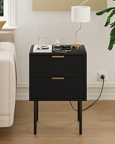 Masupu Nightstand with Charging Station,Mid-Century Modern Bedside Table with 2 Storage Drawer,Small Gold Frame Side End Table for Bedroom,Living