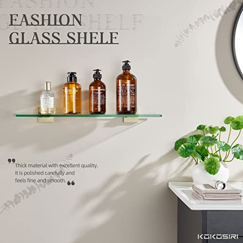KOKOSIRI Wall Shelves Floating Bathroom Glass Shelf Kitchen Storage, 20'' x 5.6'' Tempered Glass Wall Mounted Brushed Gold Stainless Steel B1106B