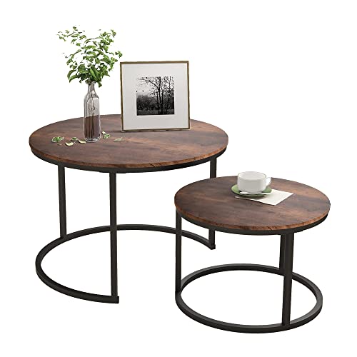 HOJINLINERO Black Round Coffee Table Set of 2 Side/ End Table for Living Room, Bedroom Decorations, Industrial Stacking Wood Look Accent Furnitur