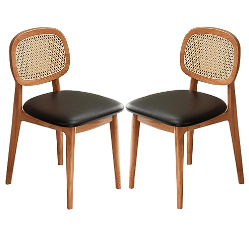 Mid-Century Dining Chairs Set of 2, Upholstered Armless Rattan Dining Chair with Woven Backrest and Wood Legs Backrest Chairs for Living Dining R