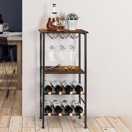 UOMIO 4 Tier Wine Cabinet Wine Racks Free Standing with Table Top and Glass Holders Rustic Style Wine Slim and Tall Wine Bottle Racks and Wire Go