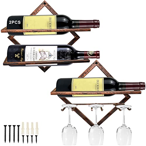 MERYSAN 2Pcs Metal Wall Mounted Wine Holder, Vintage Copper Hanging Wall Wine Rack Storage for 3 Liquor Bottles 3 Glass, Red Wine Bottle Display