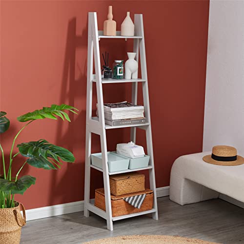 Hoorlang 5-Tier Ladder Shelf Wood Bookshelf,Modern Storage Shelf, for Living Room, Bedroom, Kitchen,Easy Assembly, Light grey HLLS01G