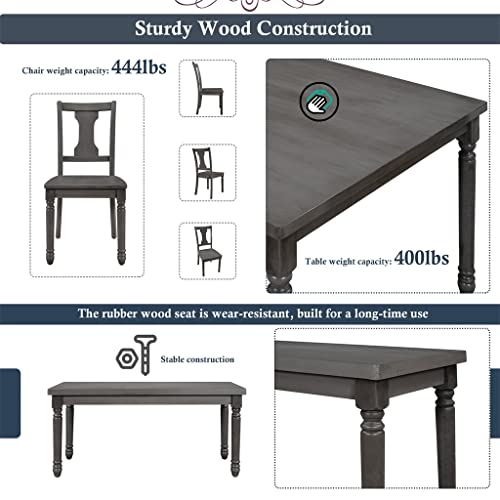 WALNUT 6 Piece Classic Dining Table 1 Wooden Table + 4 Chairs + 1 Kitchen Dining Bench Grey