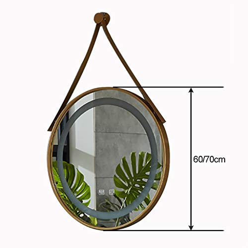 round Bathroom Mirror with Illuminated Led White Light Iron Frame with Sling and Demister Pad Touch Sensor Makeup 2 Colors,Size: Φ60/70Cm, Brownc