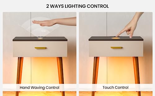 Frylr Nightstand with LED Light,End Table with Charging Station Touch & Hand Waving Control Bedside Tables, Side Table for Bedrooms, Living Room,