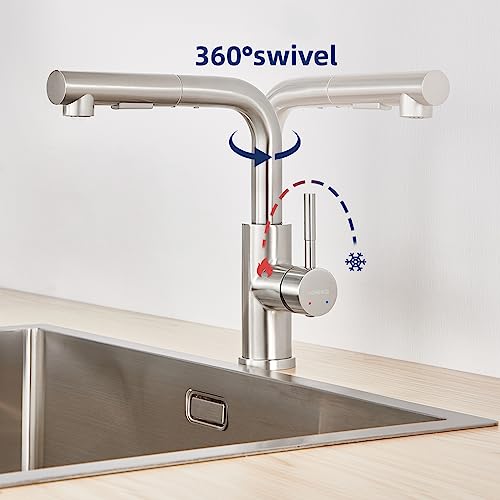 Kitchen Taps Mixer with Pull Out Spray, LONHEO 304 Stainless Steel Kitchen Tap, 360-degree Rotation Single Handle Kitchen Faucet, 2 Outlet Modes,