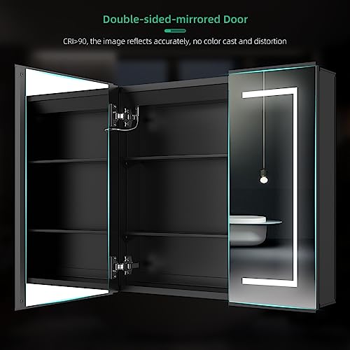 LUMIRRORS® LED Bathroom Mirror Cabinet with Shaver Socket Lights 65x60 cm 2-door Dimmer Matt Black Aluminum Touch Switch Antifog Adjustable Shelv