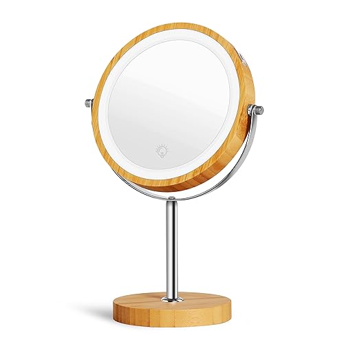 SLIMOON 8" Lighted Makeup Mirror with Bamboo Stand, 1X/10X Double Sided Magnifying Mirror with Light, 3 Colors Brightness Adjustable, 360° Cordle