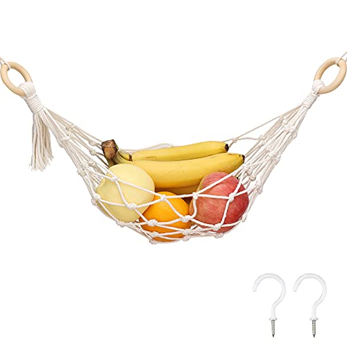 KINBOM 23.6inch Hanging Fruit Hammock with 2pcs Screw Hooks, Hammock Fruit Holde, 100% Cotton Handmade Woven Space-Saving Fruit Veggie Hammock un