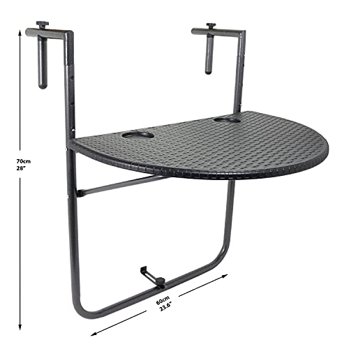 GOLETIO Balcony Hanging Table - Black Rounded Wicker Rattan Railing Table - Adjustable Height, Foldable and Compact, Weather & Rust-Resistant - I