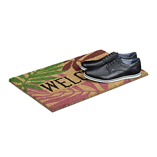 Relaxdays Coconut Fibre PALM LEAVES Doormat 40 x 60 cm Coir Welcome Mat with No-Slip Rubber PVC Underside, Multicolour