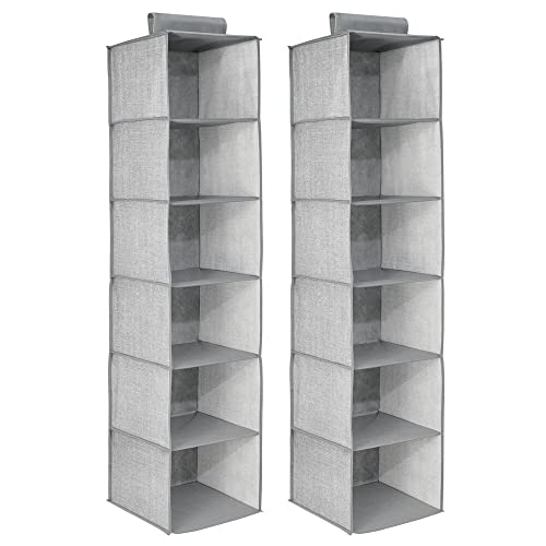 mDesign Set of 2 Hanging Wardrobe Organiser - Fabric Wardrobe Storage Units with 6 shelves each - Ideal Hanging Closet Organiser - Grey