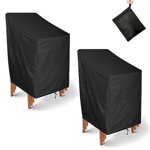 Ruucy 2PCS Garden Chair Covers Waterproof for Outdoor, Windproof Anti-UV Patio Stacking Chair Covers with Fixed Cord, Upgraded 210D Oxford Garden