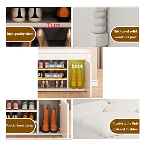 Shoe Bench Solid Wood Storage Bench Entryway, 3-Tier Entryway Bench with PU Cushion Seating, Shoe Rack Organizer with Door Cabinet for Entryway,