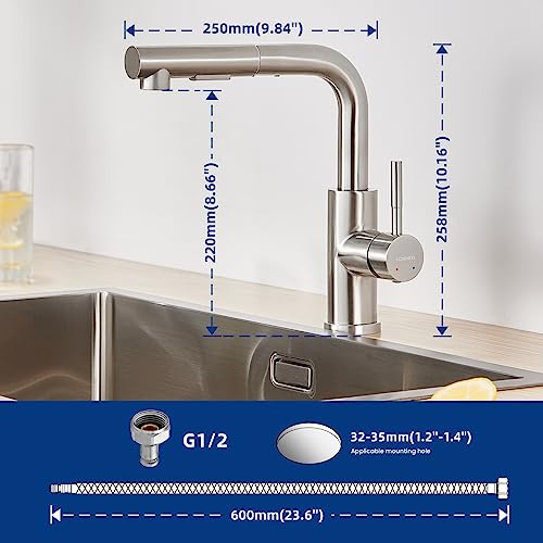Kitchen Taps Mixer with Pull Out Spray, LONHEO 304 Stainless Steel Kitchen Tap, 360-degree Rotation Single Handle Kitchen Faucet, 2 Outlet Modes,