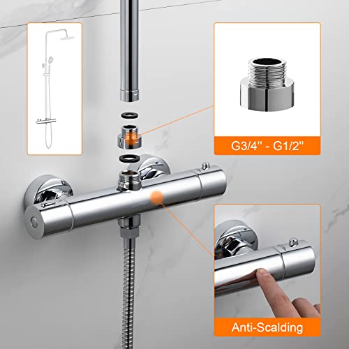 GRIFEMA G17005 Thermostatic Shower Mixer Bar Two Outlet, Wall Mounted Shower Mixer Tap,Anti-Scald, with TOP 3/4" and Bottom 1/2" BSP, Chrome,Silv