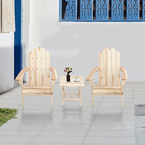 Kunste Outdoor Wooden Adirondack Chairs Lightweight Two Folding Chairs with Portable Side Table for Yard Patio Garden Lawn (Natural)