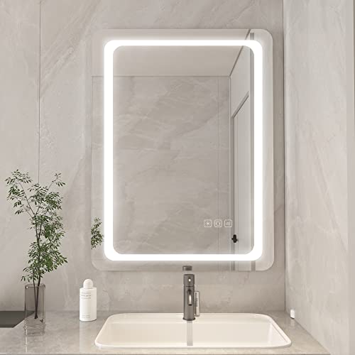 furduzz IL-02-60 Illuminated Backlit LED Bathroom Mirror, 600x450mm Wall Mounted Multifunction Bathroom Vanity Mirror with Touch Button 3 Colour