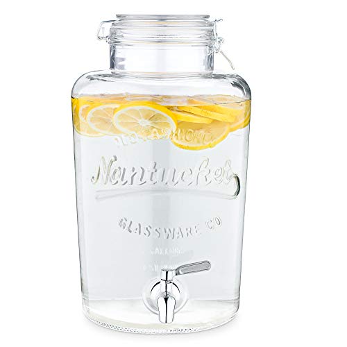 Navaris Drinks Dispenser with Tap - 8L Glass Drink Jar with Stainless Steel Tap and Clip Top Lid - for Cold Beverages, Ice Water, Garden Party