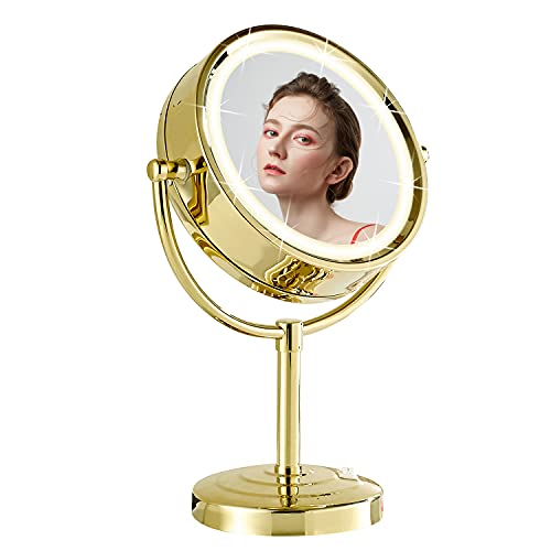 DOWRY Magnifying Mirror with LED Lights 10x Gold Illuminated Shaving Mirror Free Standing Mirror for Dressing Table 360 ° Rotatable Double Sided