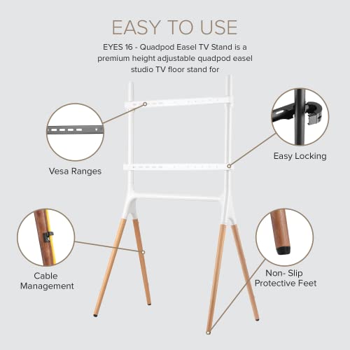 POUT Eyes 16 TV Studio Display Mount - Solid Wood Easel Quad-Leg w/Height Adjustable White Bracket & Cable Ties - Max Load 88lbs 49 to 70 Inch LE
