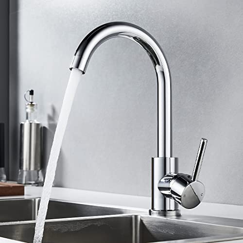 NewEast Kitchen Mixer Taps, Stainless Steel Single Lever Kitchen Monobloc Sink Tap with Swivel Spout and Hoses, Chrome Brass