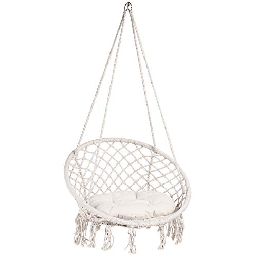 Display4top Beige Hammock Chair Macrame Swing,Hanging Cotton Rope Swing Chair,Comfortable Sturdy Hanging Chairs, With Round Seat Cushion for Indo