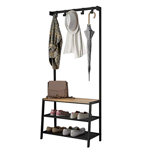 Meerveil Coat Rack Stand, Multi-purpose Clothes Coat Stand Shoes Rack with Removable 5 Hooks, 3 Tier Shoe Bench, Industrial Hall Storage for Entr