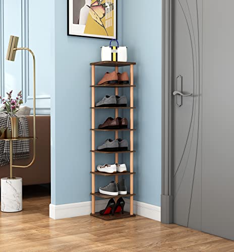 LUCKNOCK 8 Tiers Vertical Narrow Shoe Rack/ Organizer, Stylish Wooden Space Saving Shoe Storage Stand/ Shelf/ Tower Free Standing for Entryway, N