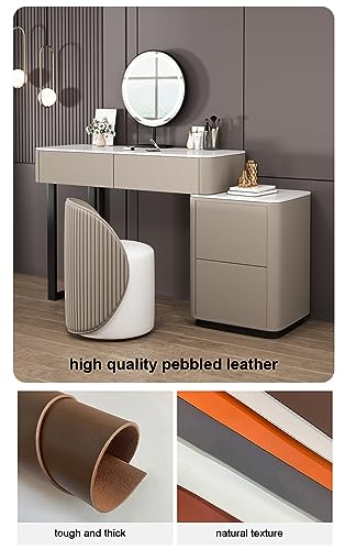 HAWEWE Modern Makeup Vanity Set With Side Cabinet, Round Lighted Mirror And PU Leather Stool Dressing Table For Girls Wife Daughter Bedroom (Colo