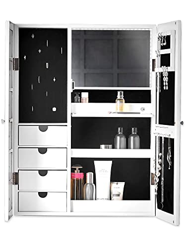 CARME Jewellery Cabinet Armoire with LED Light Mirror & Drawers - Wall Mounted Storage & Organiser Unit for Makeup - Bedroom, Dresser & Vanity Fu
