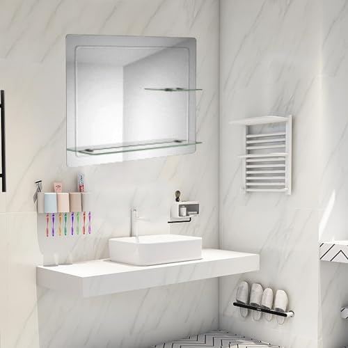 iBathUK Bathroom Mirror with Shelf, 800 x 600mm Wall Mounted Vanity Mirror with Double Storage Frameless Mirror, Bathroom Room Hanging Mirror